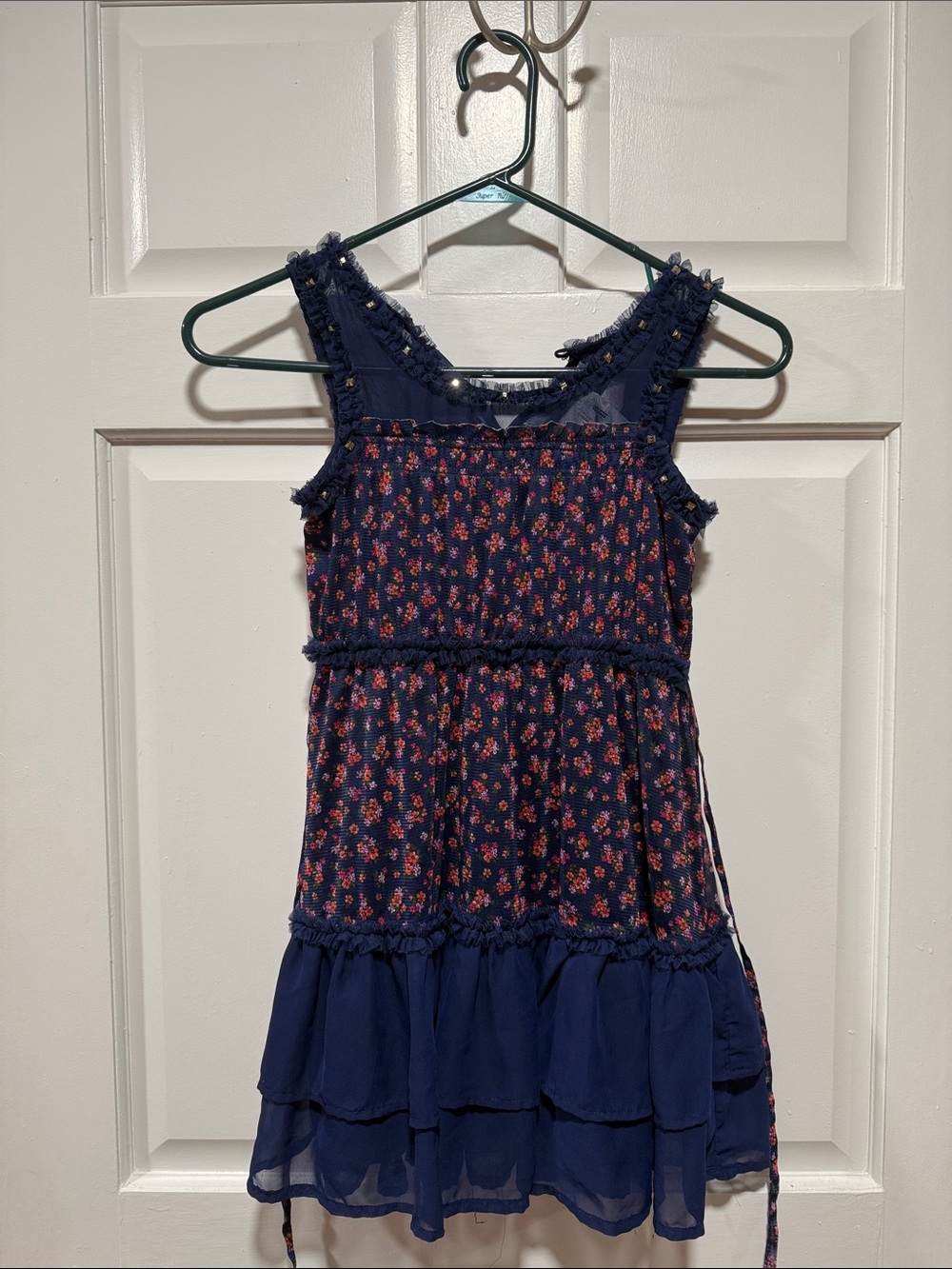 Justice Navy Floral Tiered Sundress with Red Flower Print